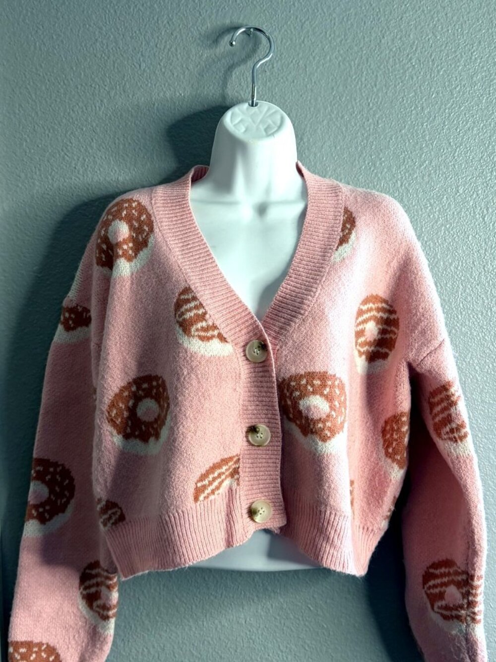 Pink Donut Cardigan Sweater - Novelty Print, Size M